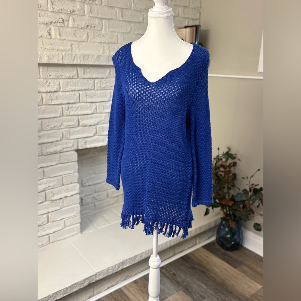 Tribal Cobalt Blue Open-Knit V-Neck Sweater with Fringe Size XL